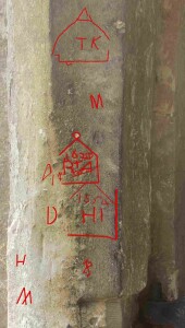 16th and 17th century graffiti on the porch of Wardington church (highlighted in red ) 